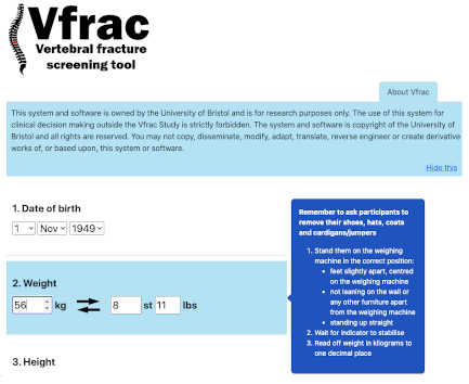 A screenshot of the Vfrac - Vertebral fracture screening tool